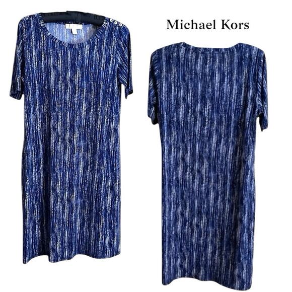 Michael Kors Dress Soft Abstract Print SZ M Blue Black Wrinkle Resistant Career - Picture 1 of 7